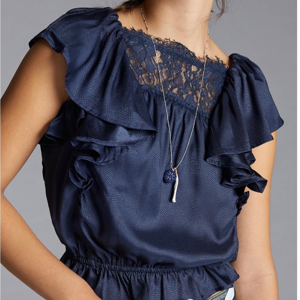 Anthropologie Porridge Navy gathered  lace blouse size Large